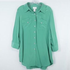 Soft Surroundings Silk Button Front 3/4 Sleeve Tunic Top Womens Medium Green